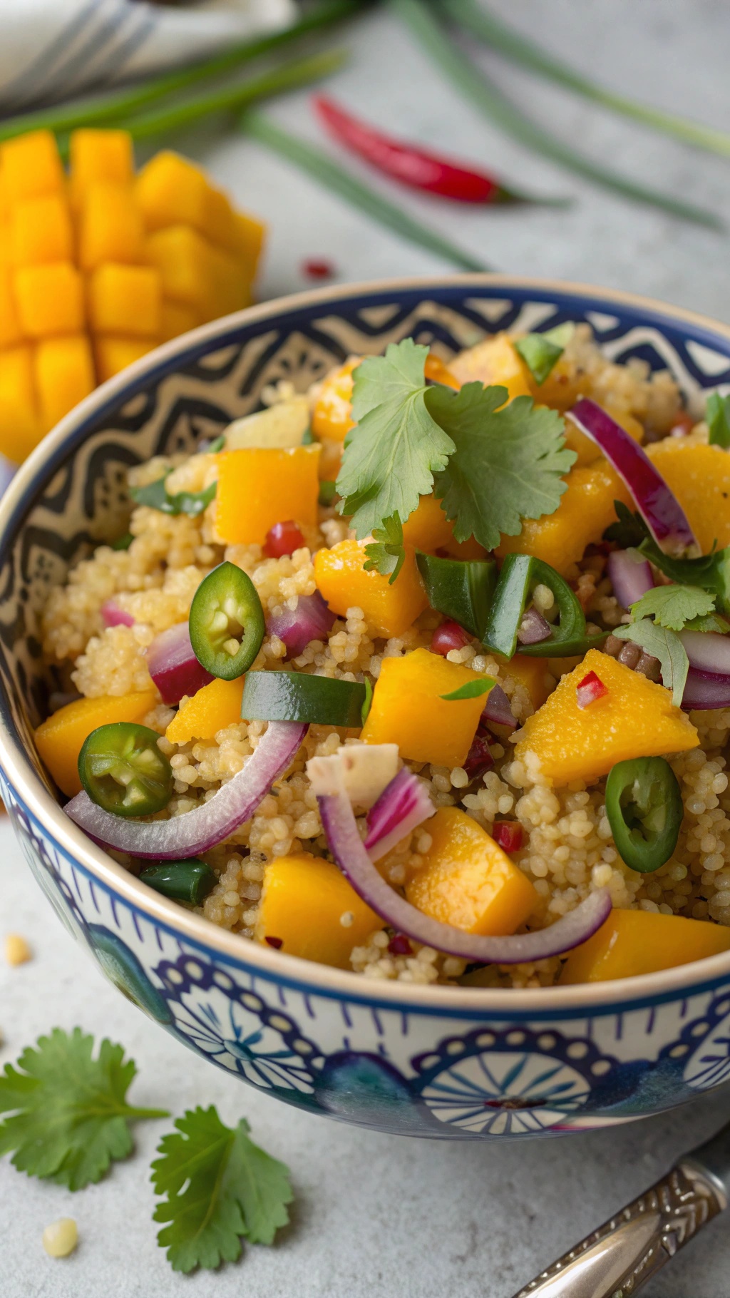 A colorful bowl of sweet and spicy mango quinoa salad, featuring diced mango, jalapeños, and fresh herbs.