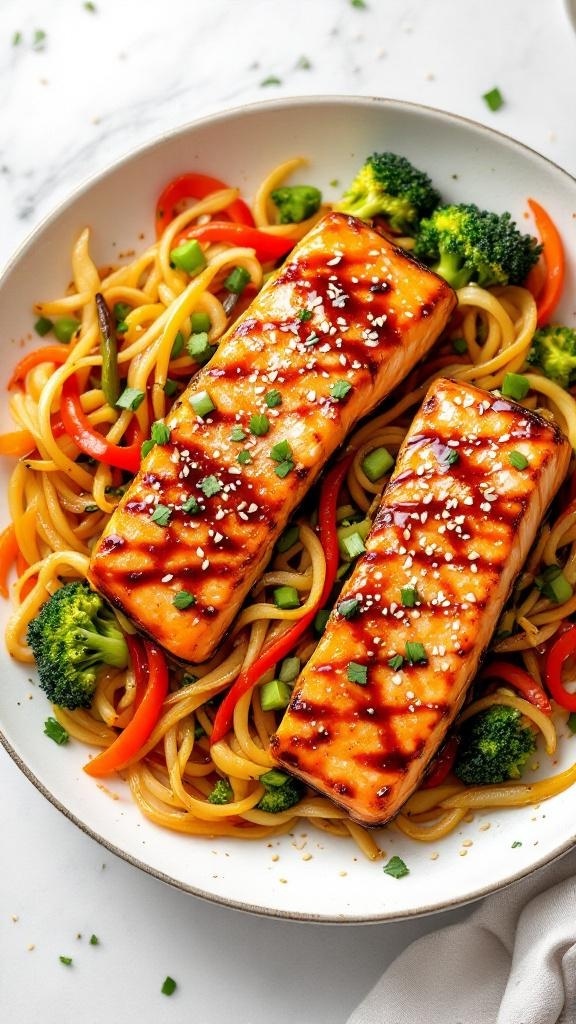 A plate of teriyaki salmon served with colorful vegetables and noodles.