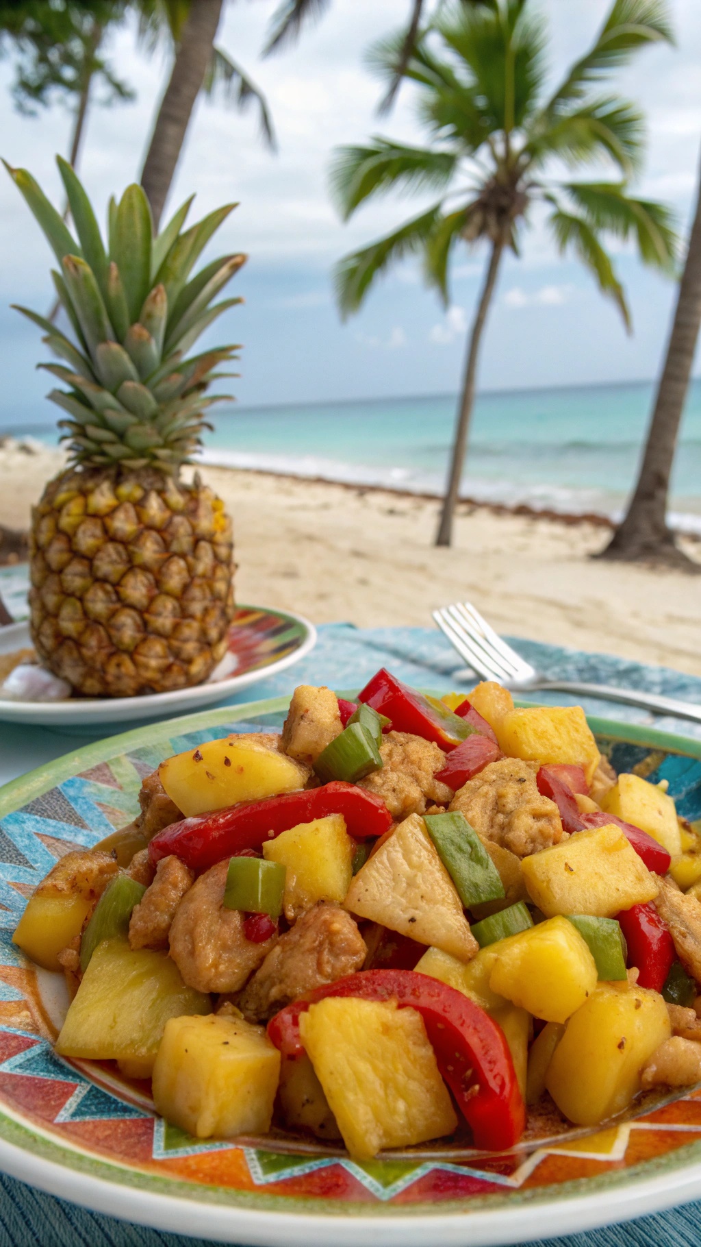 A colorful plate of Sweet and Spicy Pineapple Chicken with fresh pineapple and bell peppers, set against a beach backdrop.