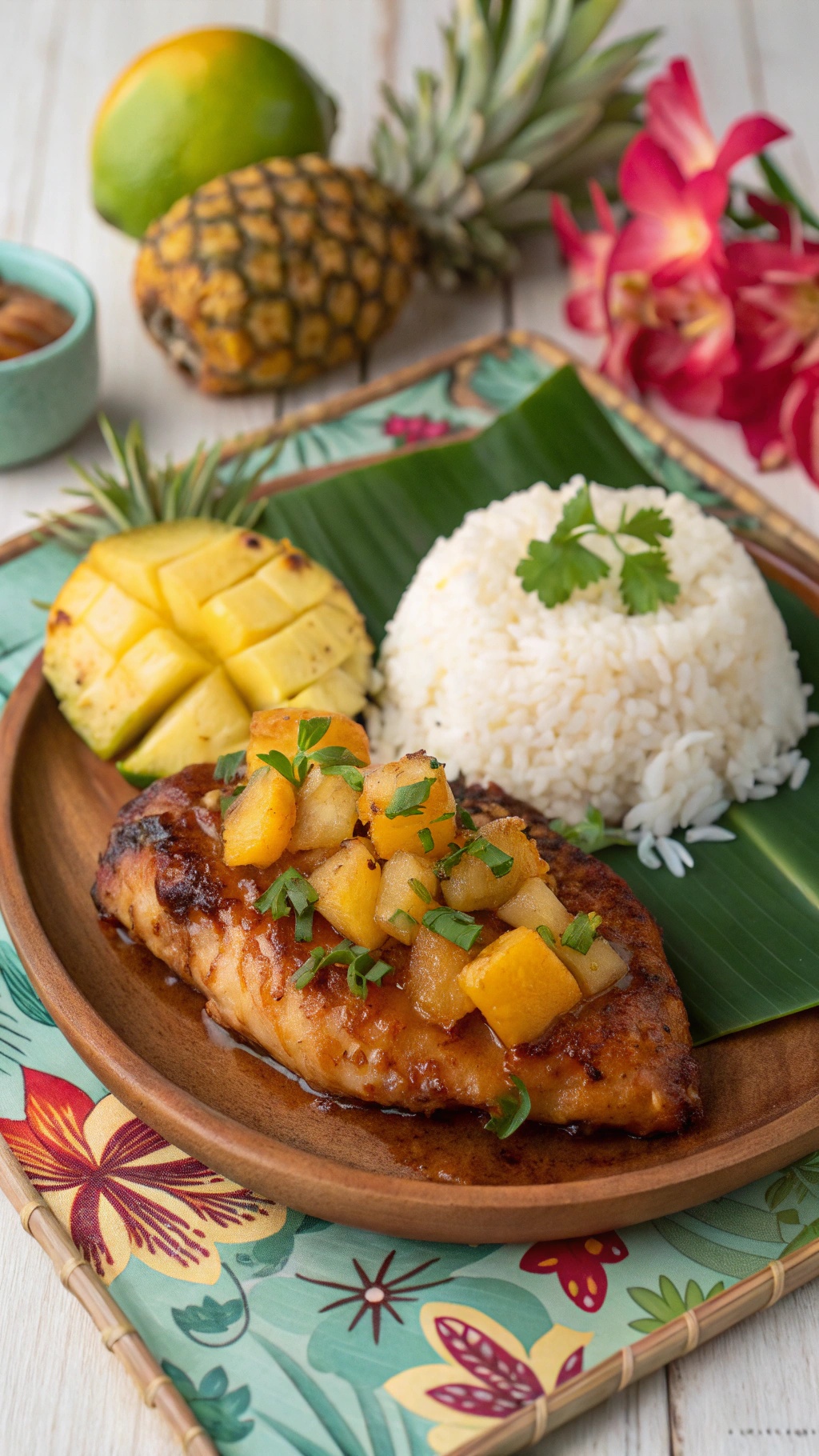 Sweet and spicy pineapple chicken served with rice and grilled pineapple on a tropical-themed plate.