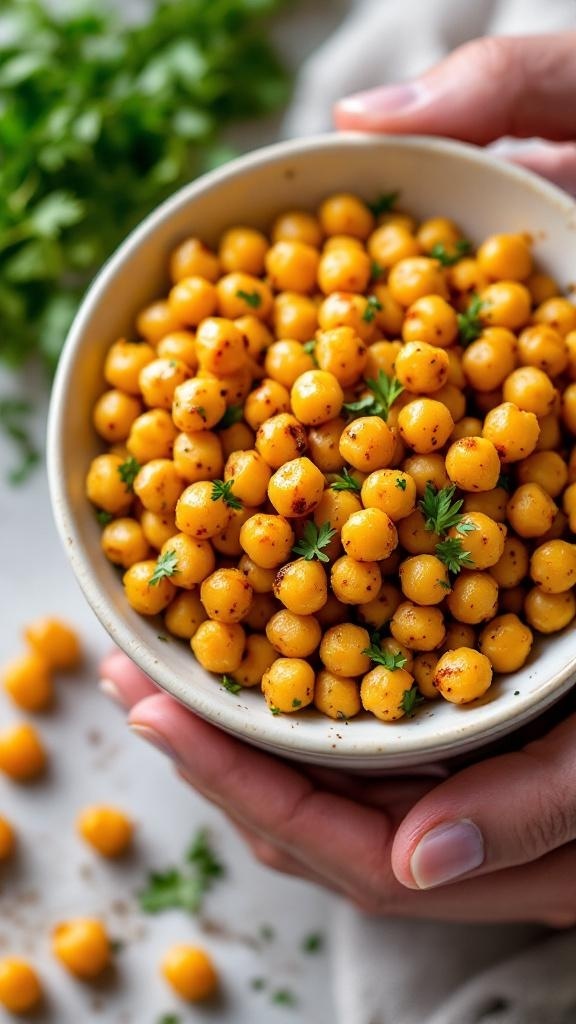 A bowl of sweet and spicy roasted chickpeas garnished with fresh herbs.