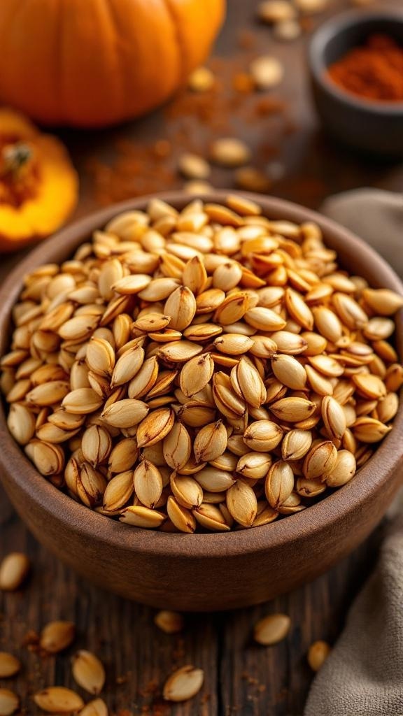 A bowl of roasted pumpkin seeds surrounded by pumpkins and spices.