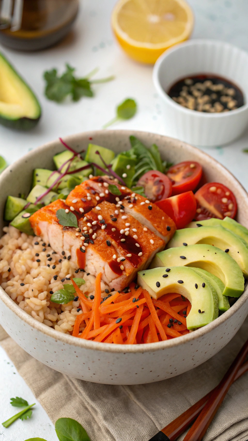 A delicious sweet and spicy salmon bowl with brown rice, avocado, cherry tomatoes, cucumber, and shredded carrots.