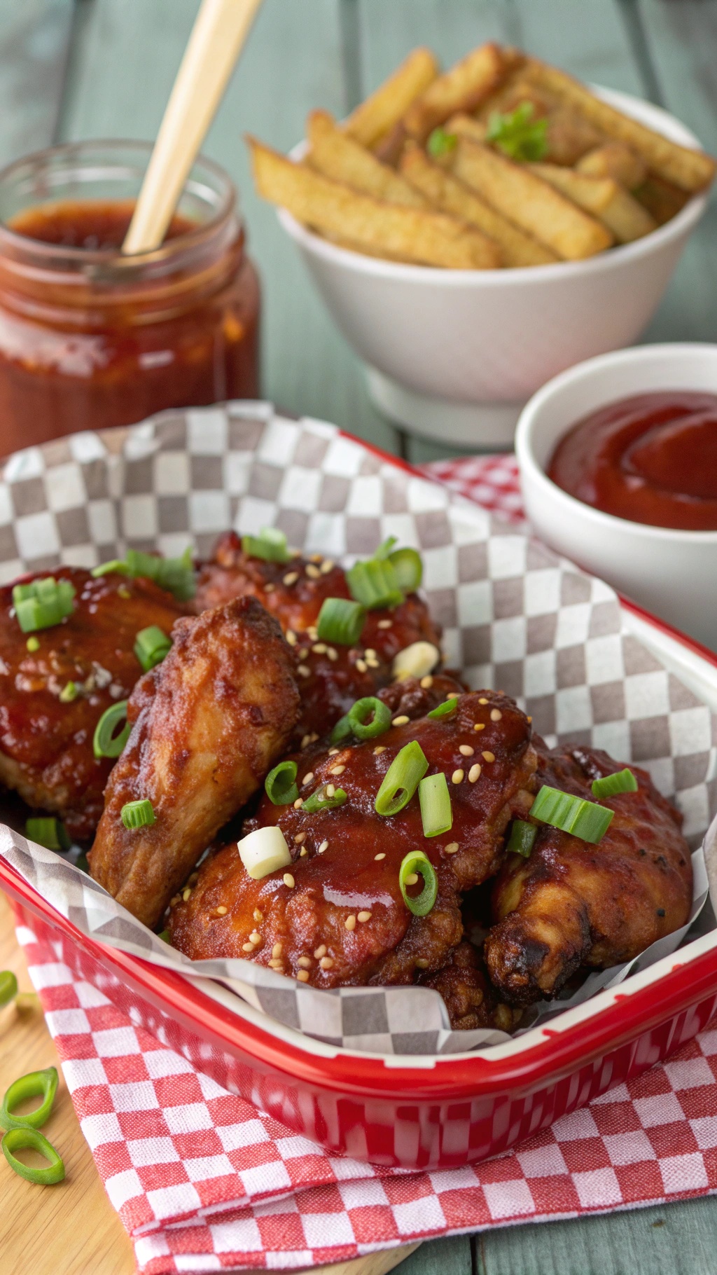 Delicious sweet and tangy BBQ air fryer chicken served with fries and garnished with green onions.