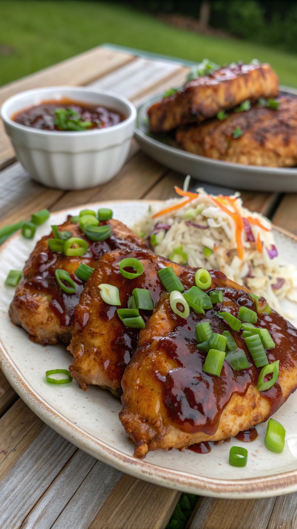 Sweet and tangy BBQ chicken breasts garnished with green onions, served with coleslaw.