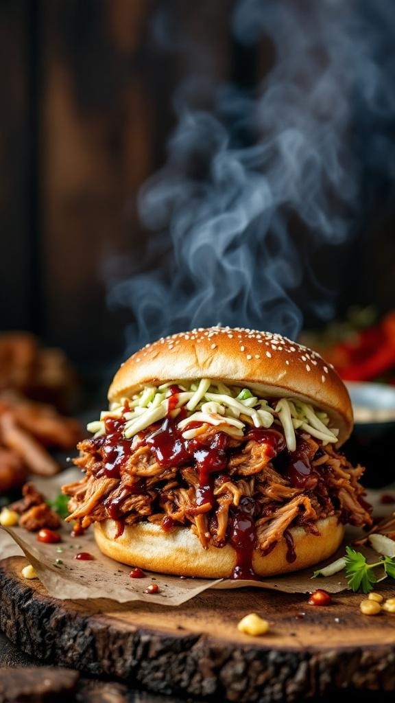 A delicious BBQ pulled pork sandwich with coleslaw and BBQ sauce, served on a wooden board.