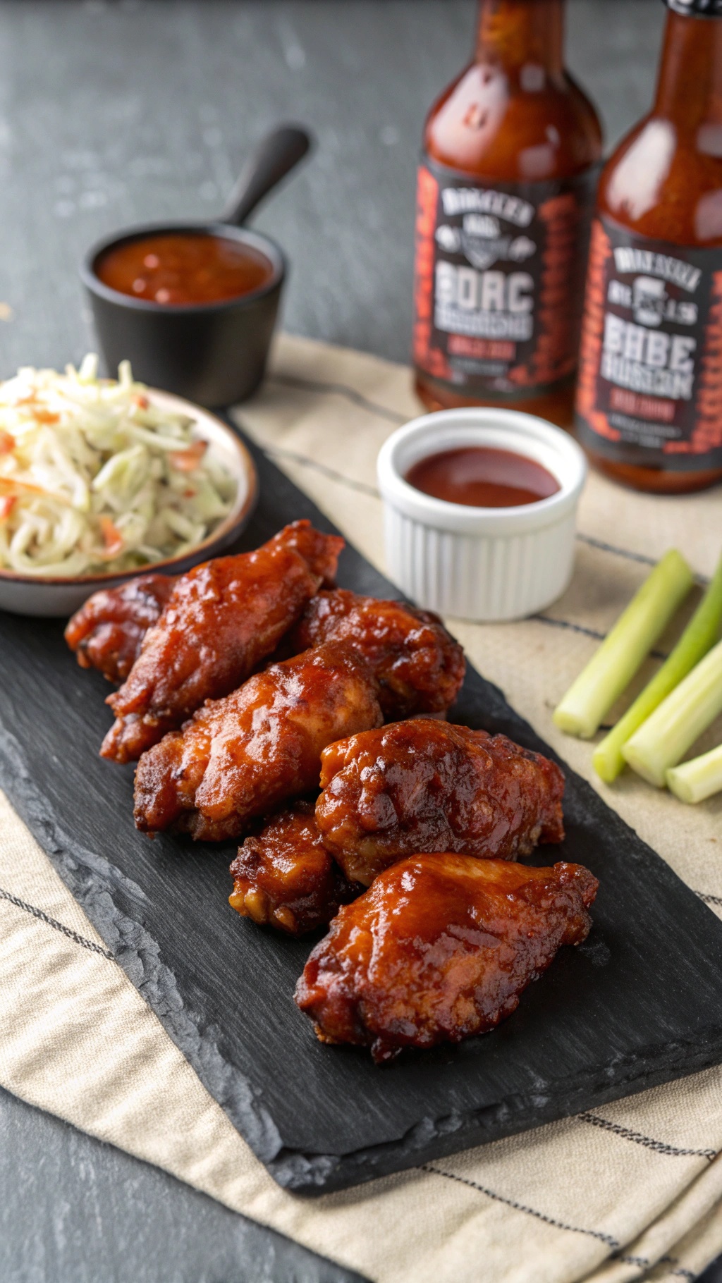 Delicious sweet and tangy BBQ chicken wings on a black platter with coleslaw and celery sticks