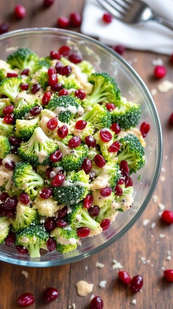 A bowl of Sweet and Tangy Cranberry Broccoli Salad with broccoli florets and cranberries.