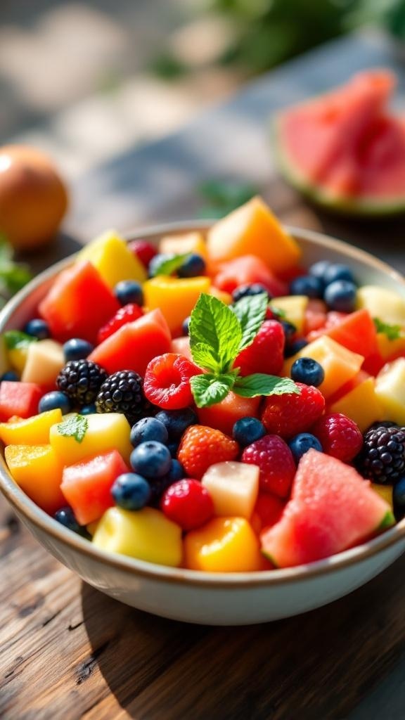 A colorful bowl of sweet and tangy fruit salad featuring watermelon, cantaloupe, berries, and mint.