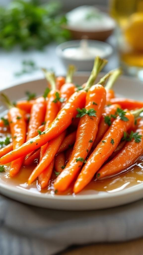 A plate of honey glazed carrots garnished with parsley