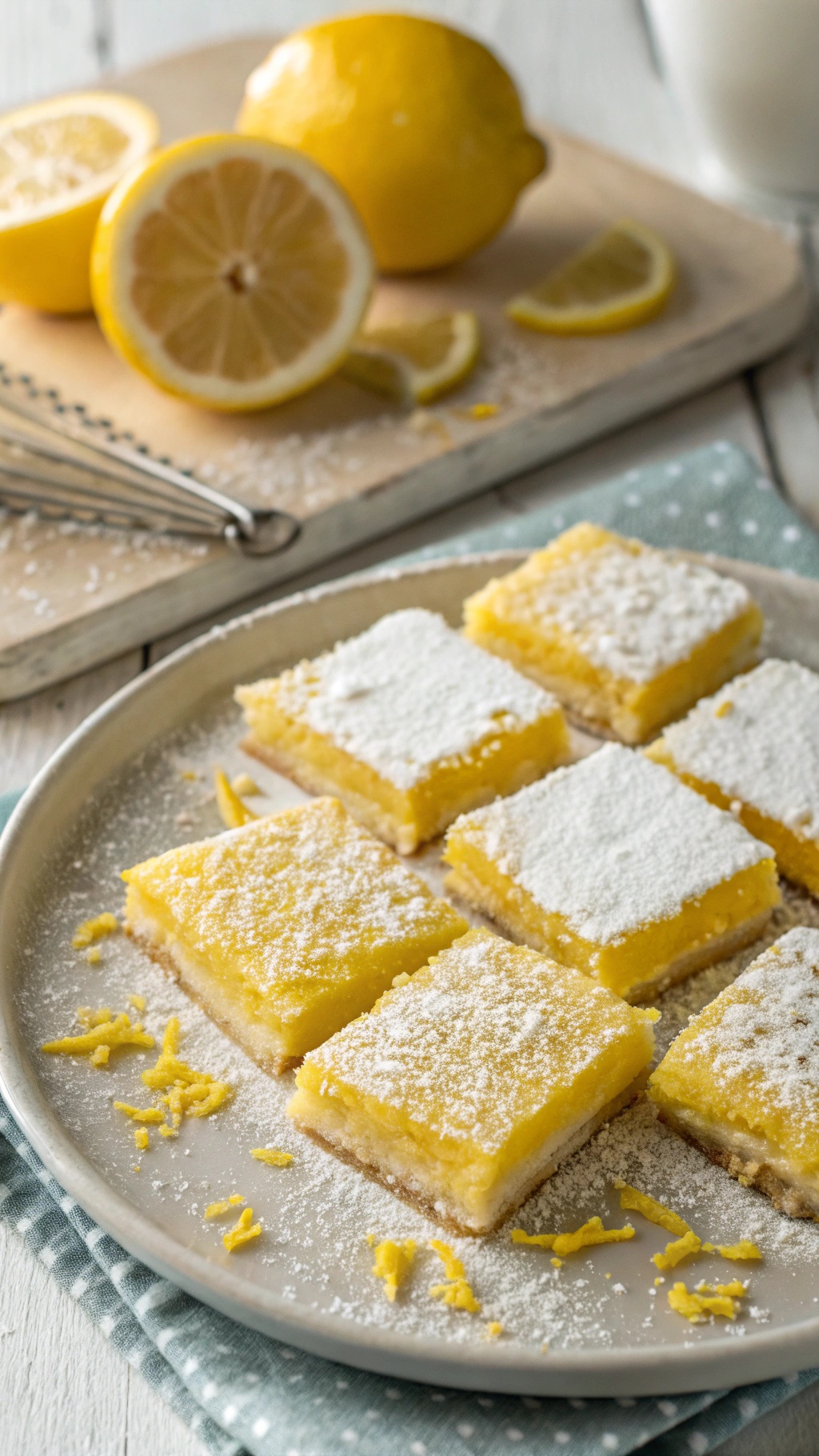 Delicious low-sugar lemon bars dusted with powdered sugar, served on a plate with fresh lemons in the background.