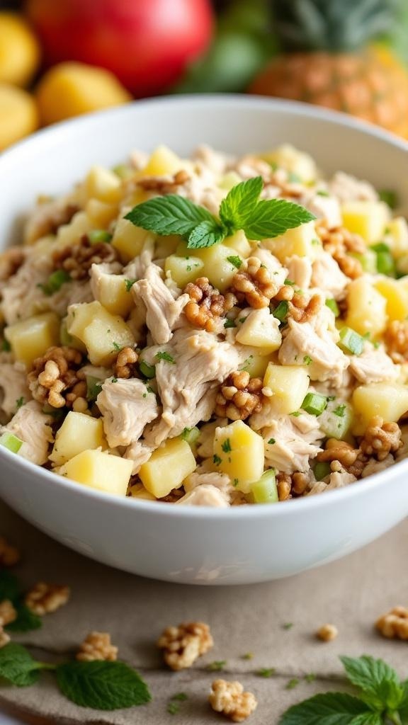 A bowl of Sweet and Tangy Pineapple Rotisserie Chicken Salad with pineapple, chicken, walnuts, and mint garnish.
