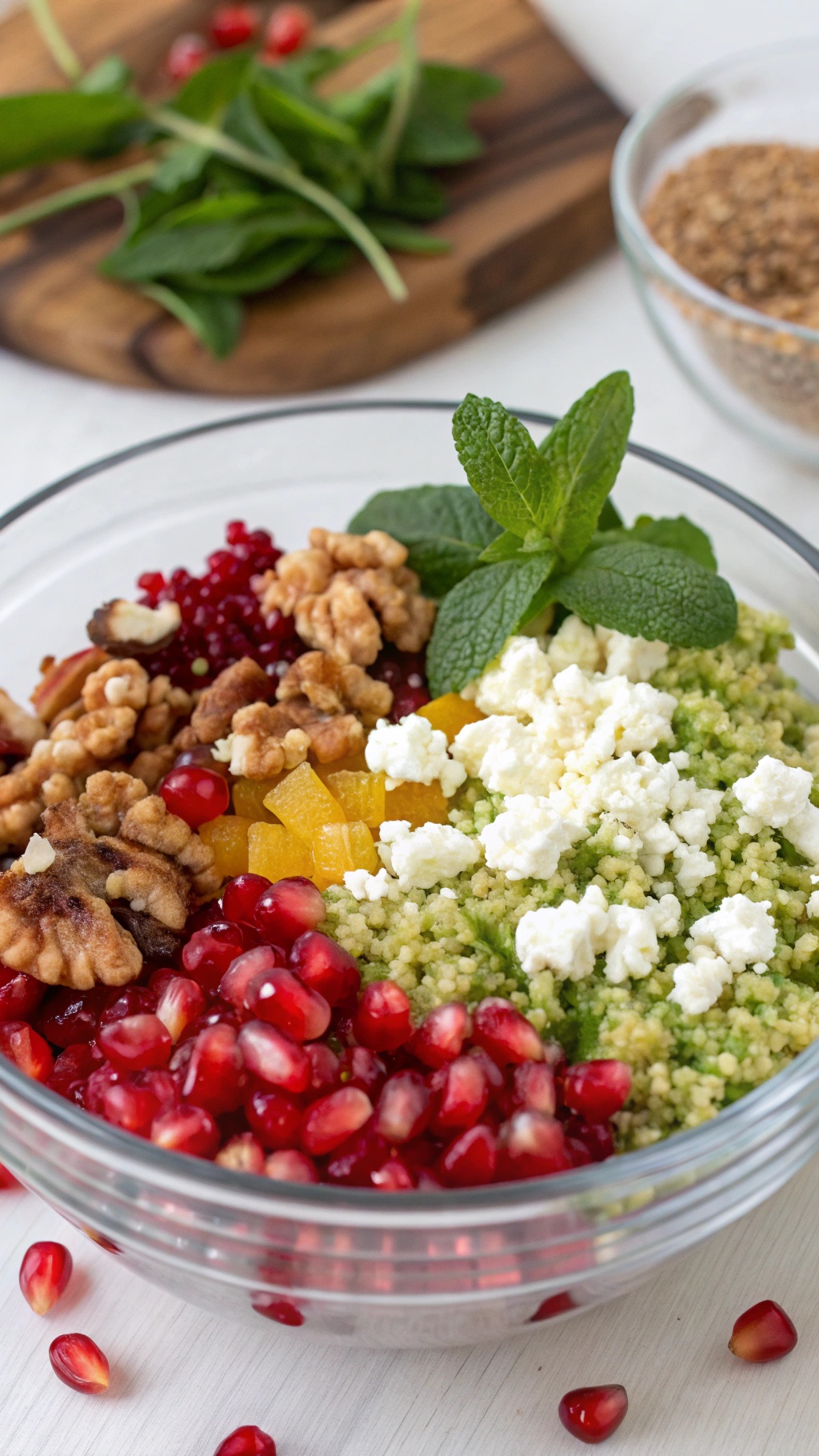A colorful bowl of Sweet and Tangy Pomegranate Quinoa Salad with pomegranate seeds, walnuts, mango, feta cheese, and fresh mint.