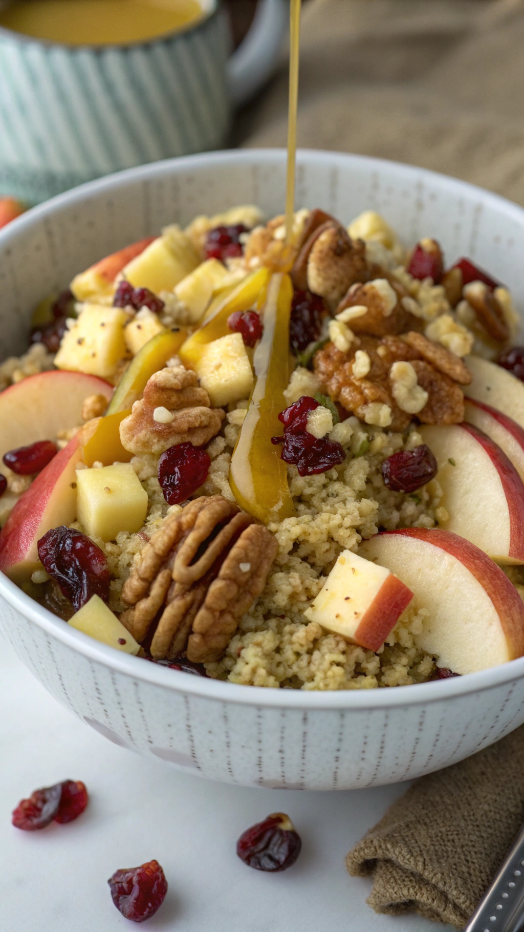 A colorful bowl of quinoa salad with apples, cranberries, and nuts, drizzled with honey.