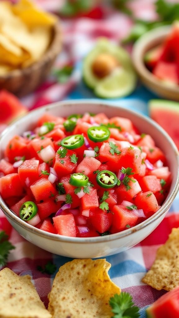A bowl of watermelon salsa with diced watermelon, red onion, cilantro, and jalapeños, surrounded by tortilla chips.