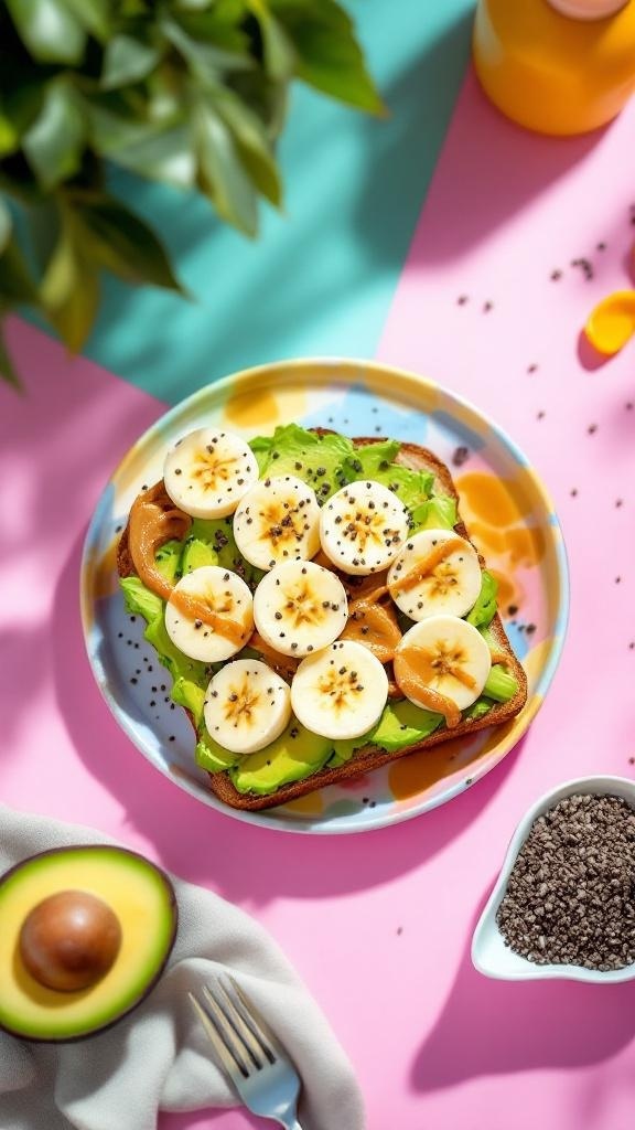 A colorful plate of sweet avocado toast topped with banana slices and peanut butter, garnished with chia seeds.