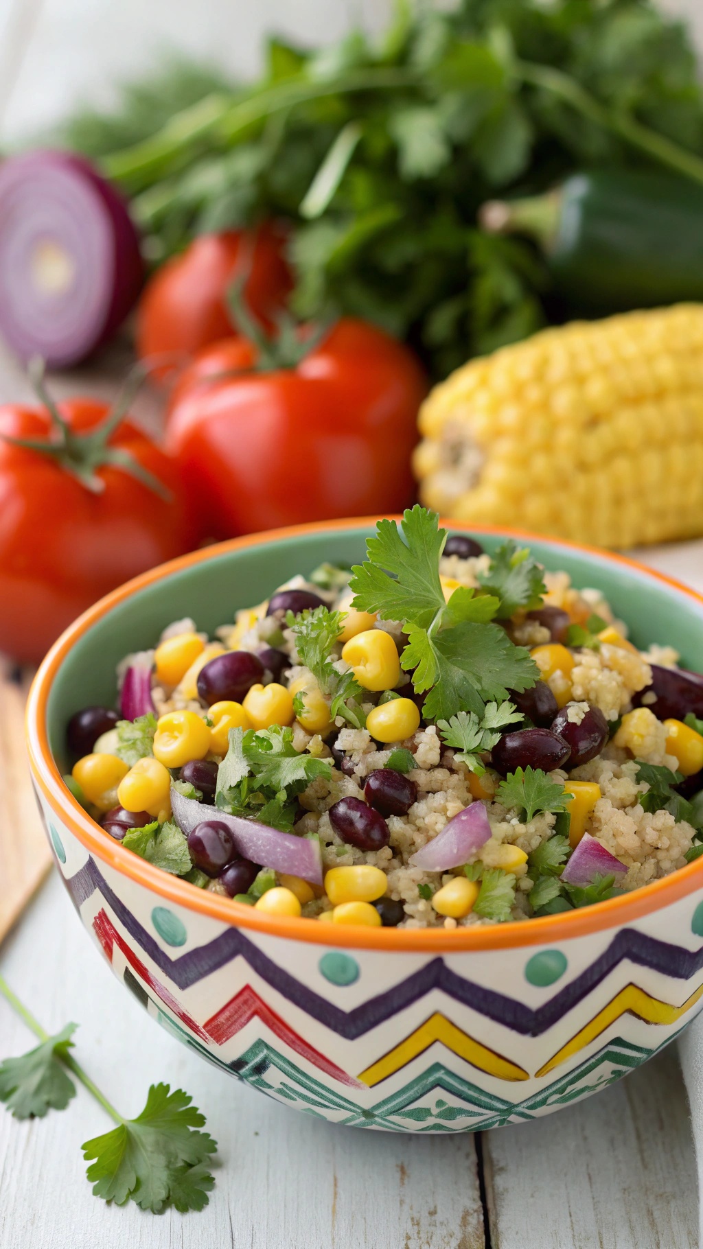 A colorful bowl of Sweet Corn and Black Bean Quinoa Fiesta Salad with fresh ingredients in the background.