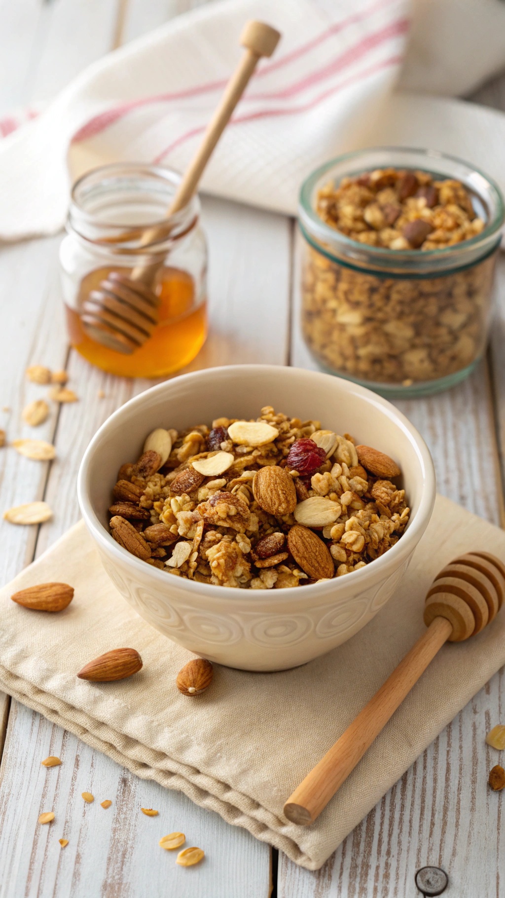A bowl of honey almond granola with almonds and a jar of honey in the background.