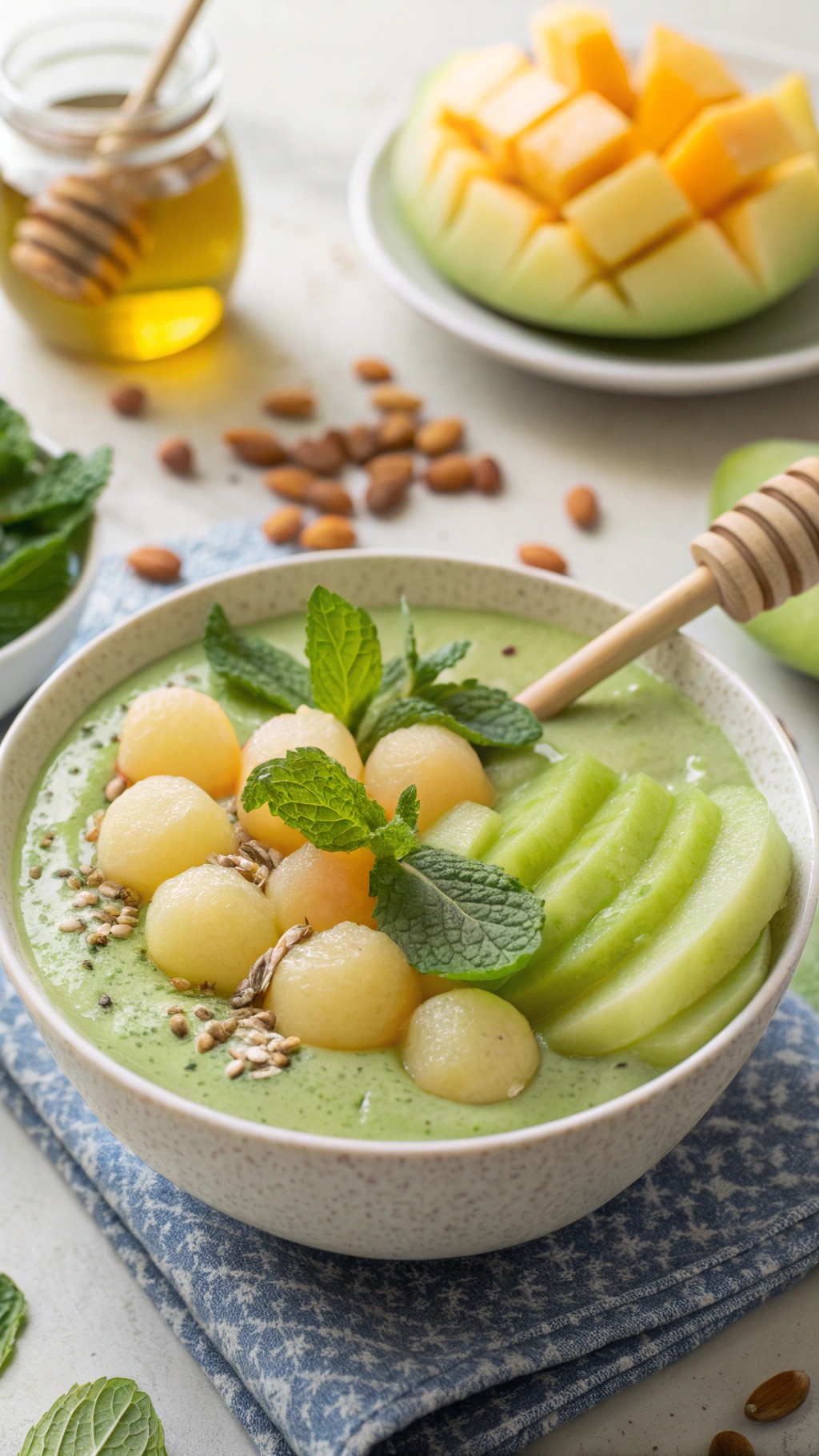 A delicious honeydew melon smoothie bowl topped with melon balls, almonds, and mint.