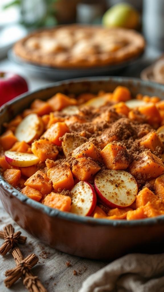 A delicious Sweet Potato and Apple Fusion Casserole with chunks of sweet potatoes and apple slices topped with spices.