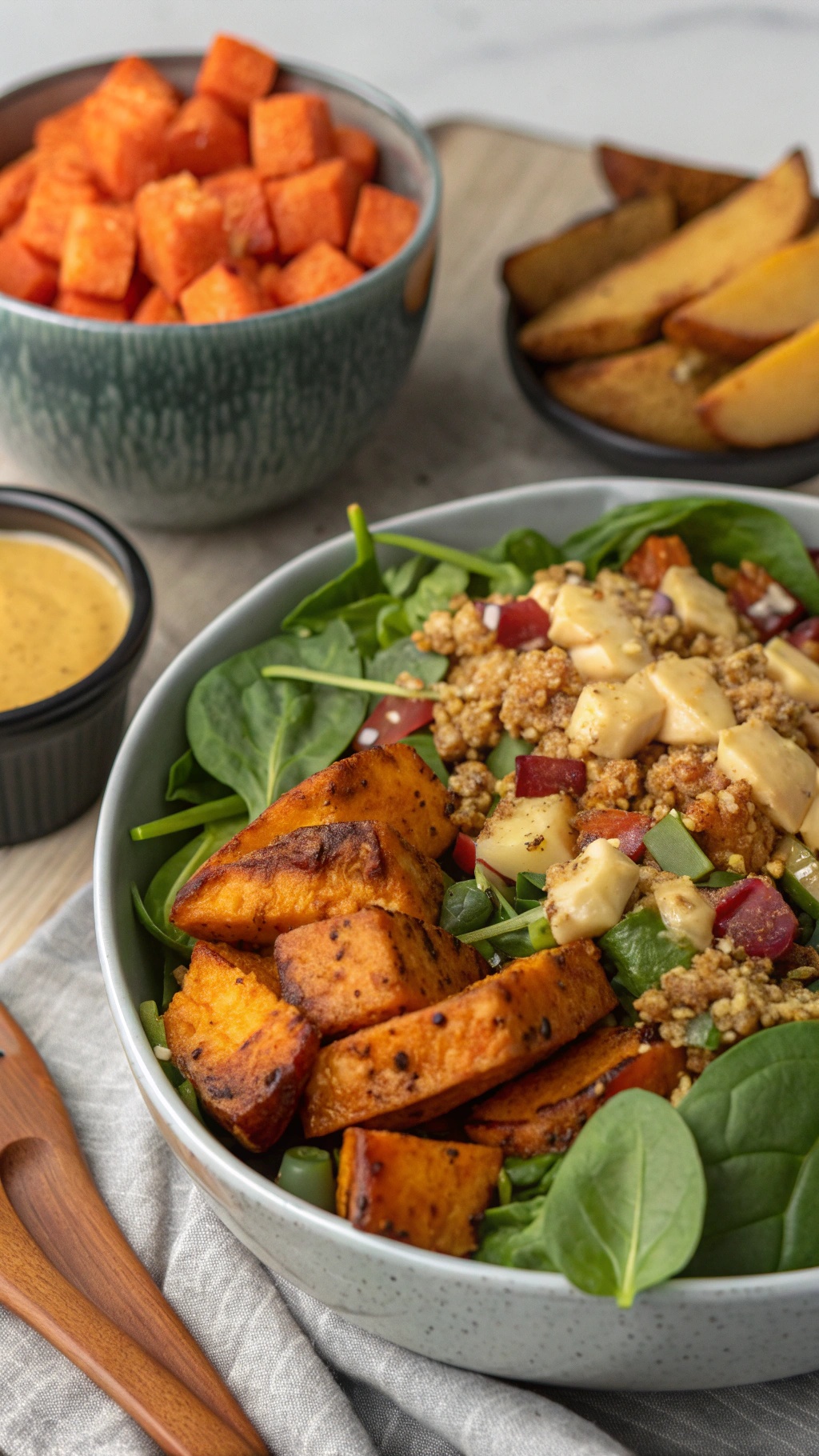 A colorful bowl of sweet potato and quinoa salad with spinach, diced vegetables, and a creamy dressing.