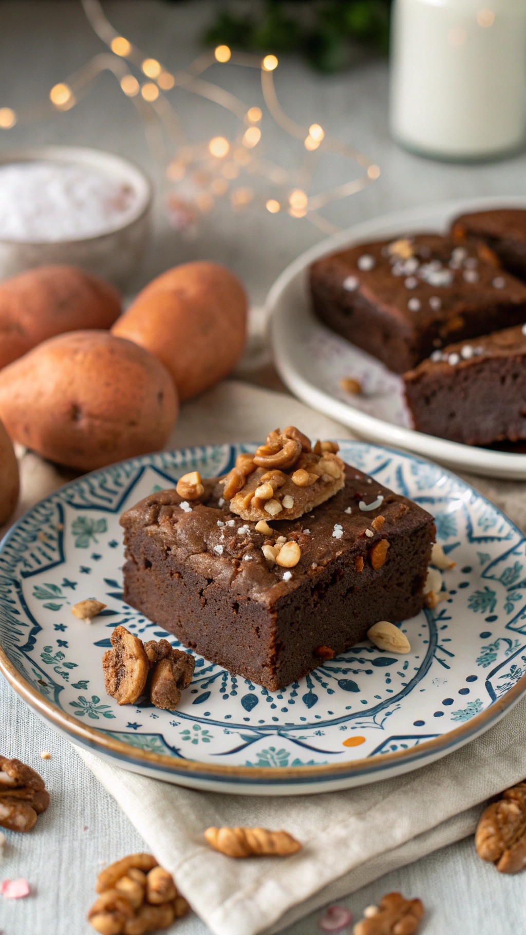 A plate of sweet potato brownies topped with walnuts, surrounded by fresh sweet potatoes and festive decorations.