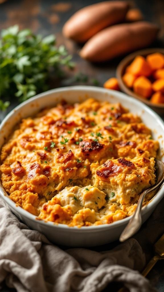 A delicious sweet potato chicken casserole topped with melted cheese, surrounded by fresh ingredients.