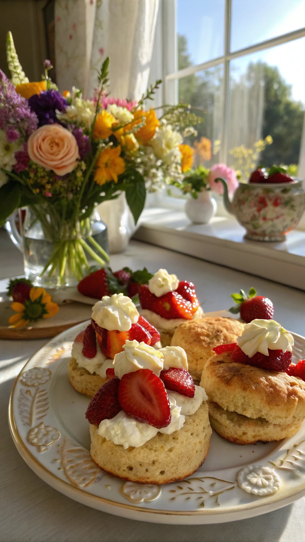 A plate of sweet strawberry shortcake scones topped with whipped cream and fresh strawberries, accompanied by a vase of colorful flowers.