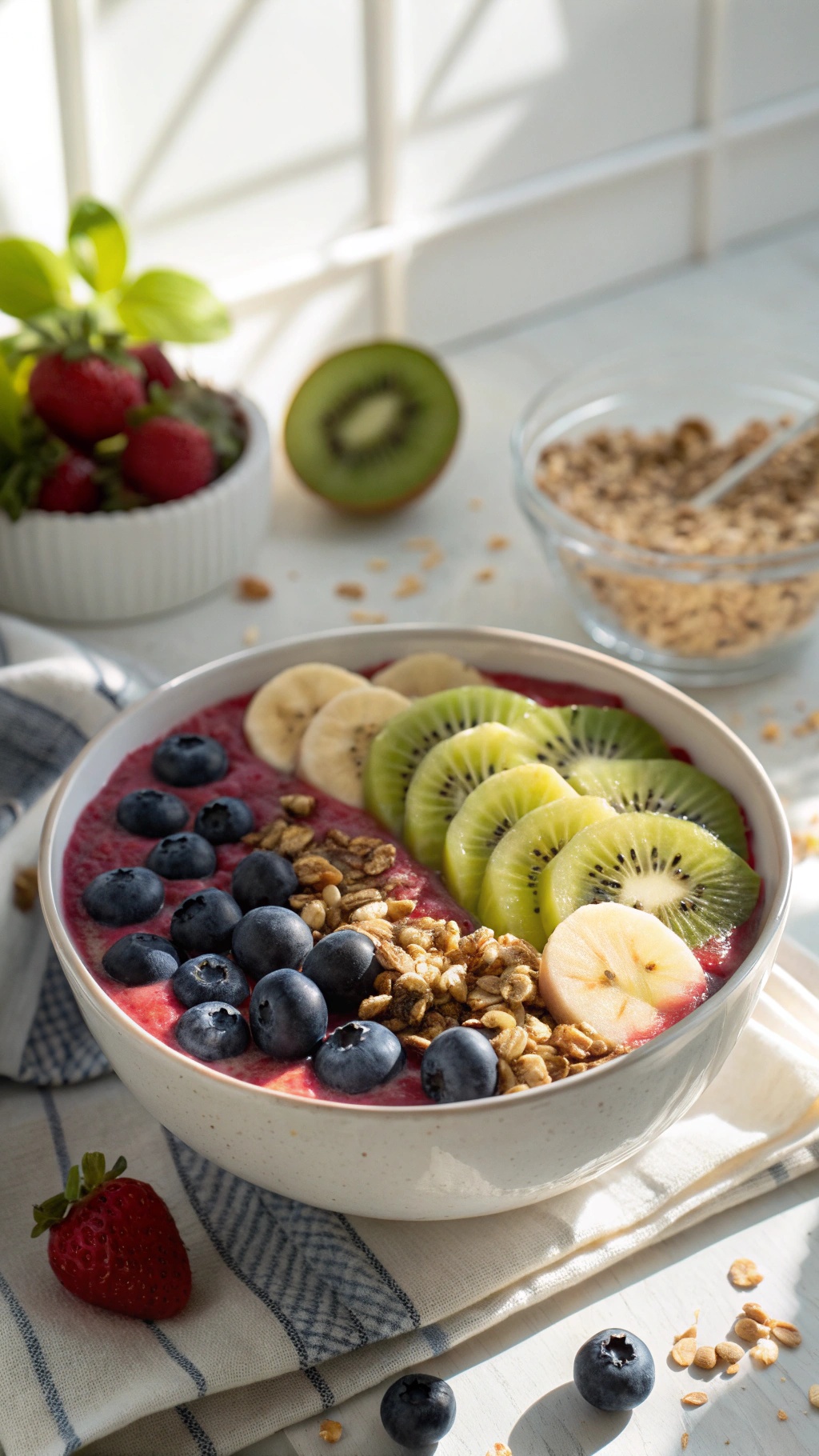 A colorful smoothie bowl topped with kiwi, banana, blueberries, and granola.