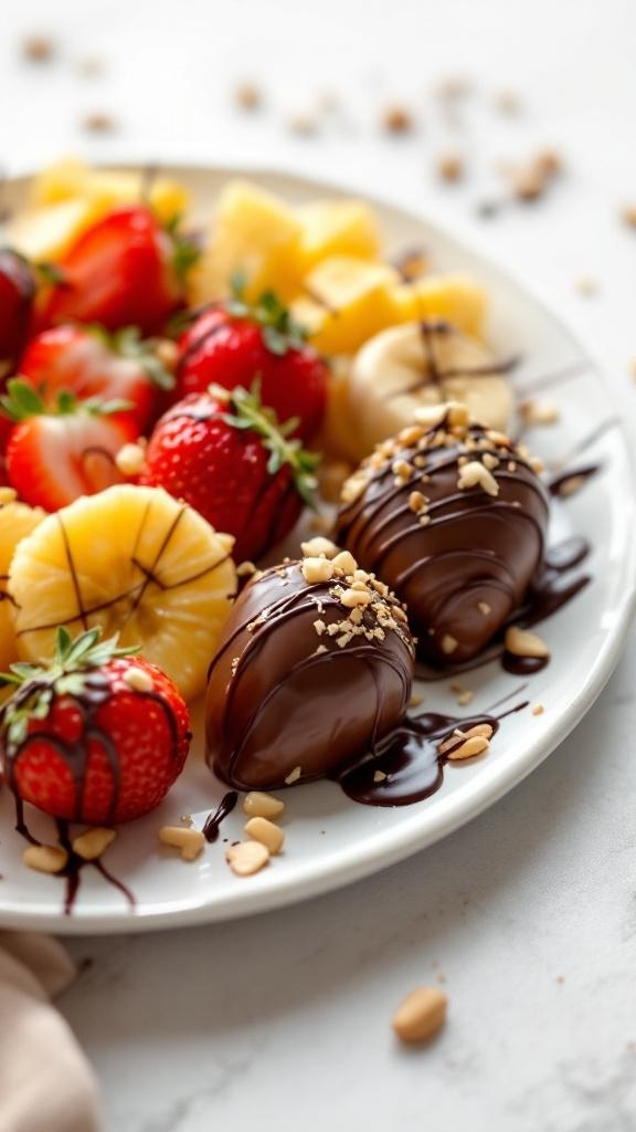 A plate of chocolate-dipped strawberries, bananas, and pineapple slices, garnished with crushed nuts.