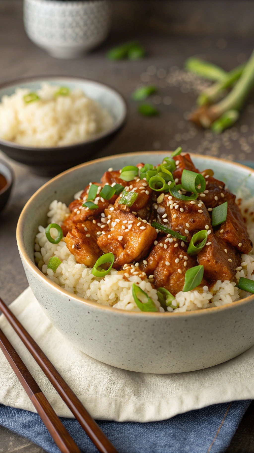 A bowl of Szechuan chicken served over cauliflower rice, garnished with green onions and sesame seeds.