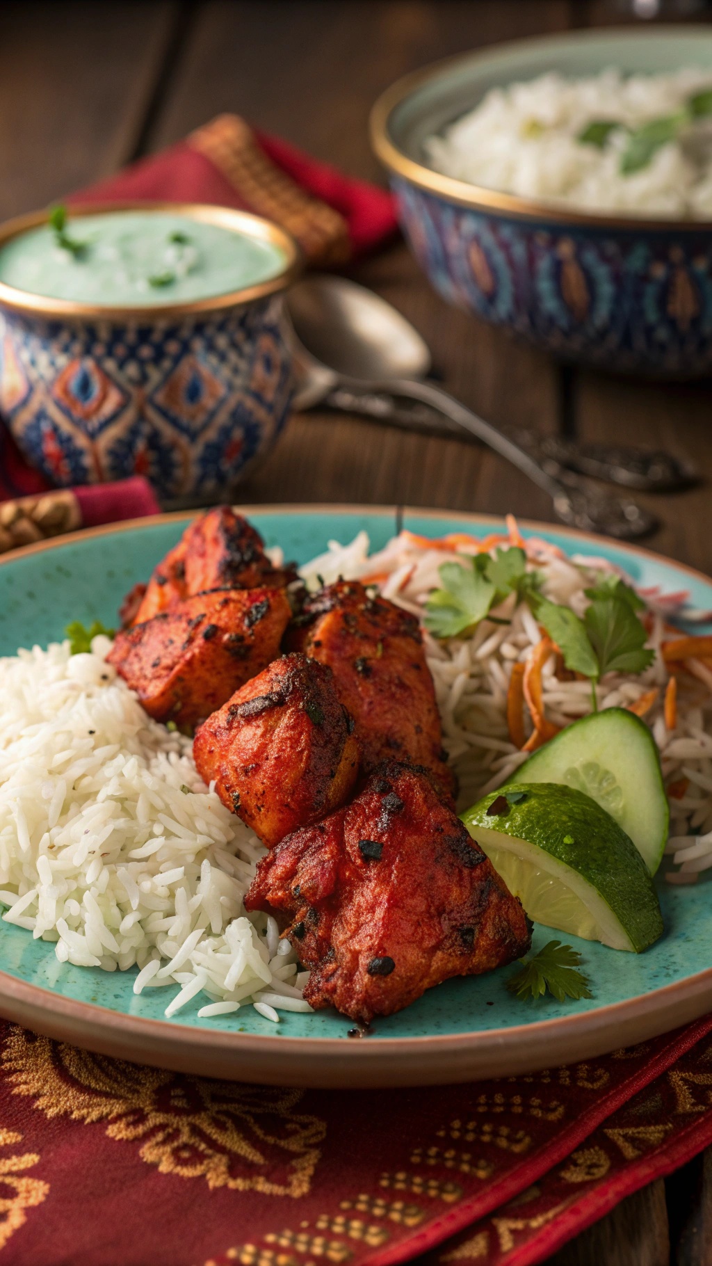 A plate of tandoori chicken served with rice, garnished with cucumber and cilantro.