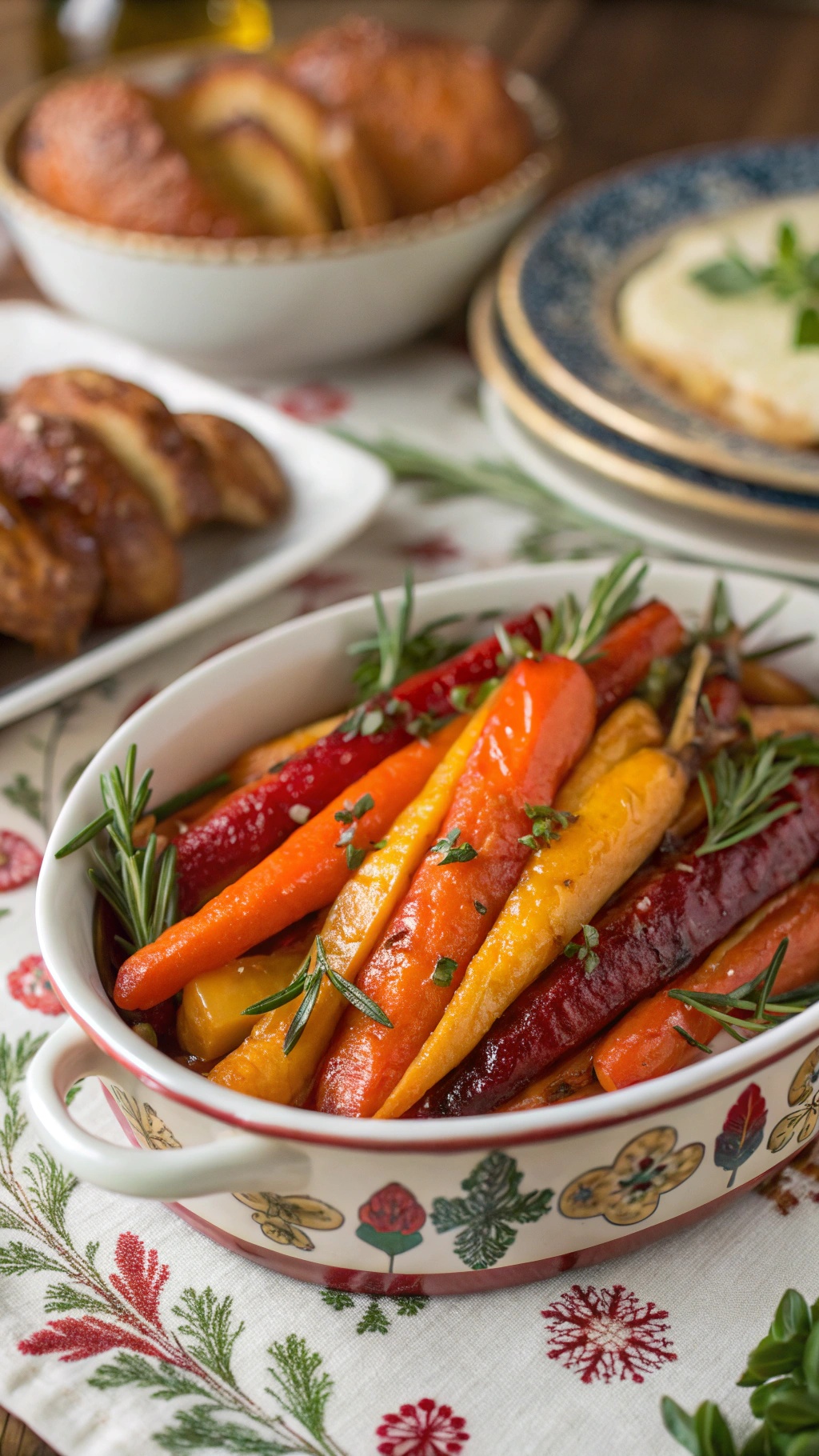 A dish of colorful glazed carrots garnished with herbs, served on a festive table.