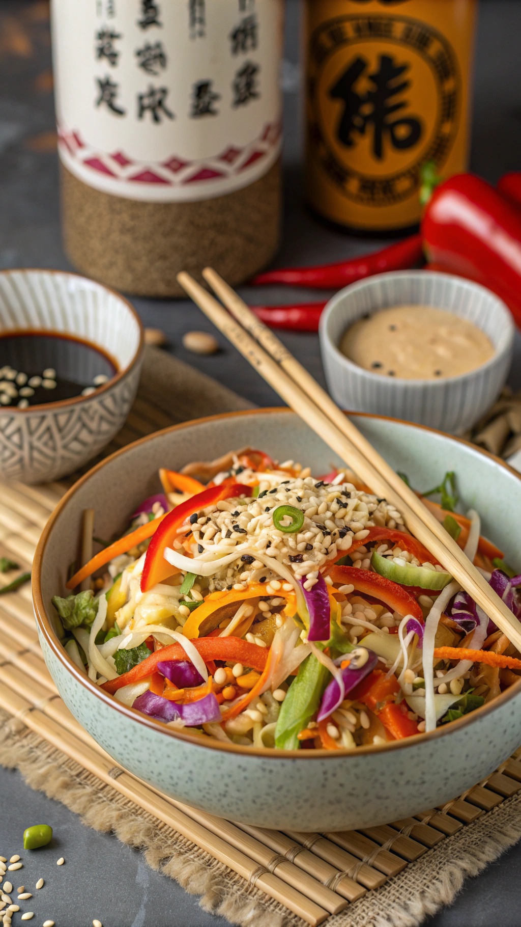 A colorful bowl of Tangy Asian Slaw with sesame dressing, featuring fresh vegetables and sesame seeds.