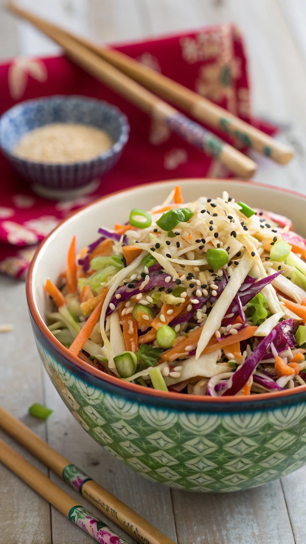 A colorful bowl of Tangy Asian Slaw with sesame dressing, featuring shredded cabbage, carrots, and green onions, garnished with sesame seeds.