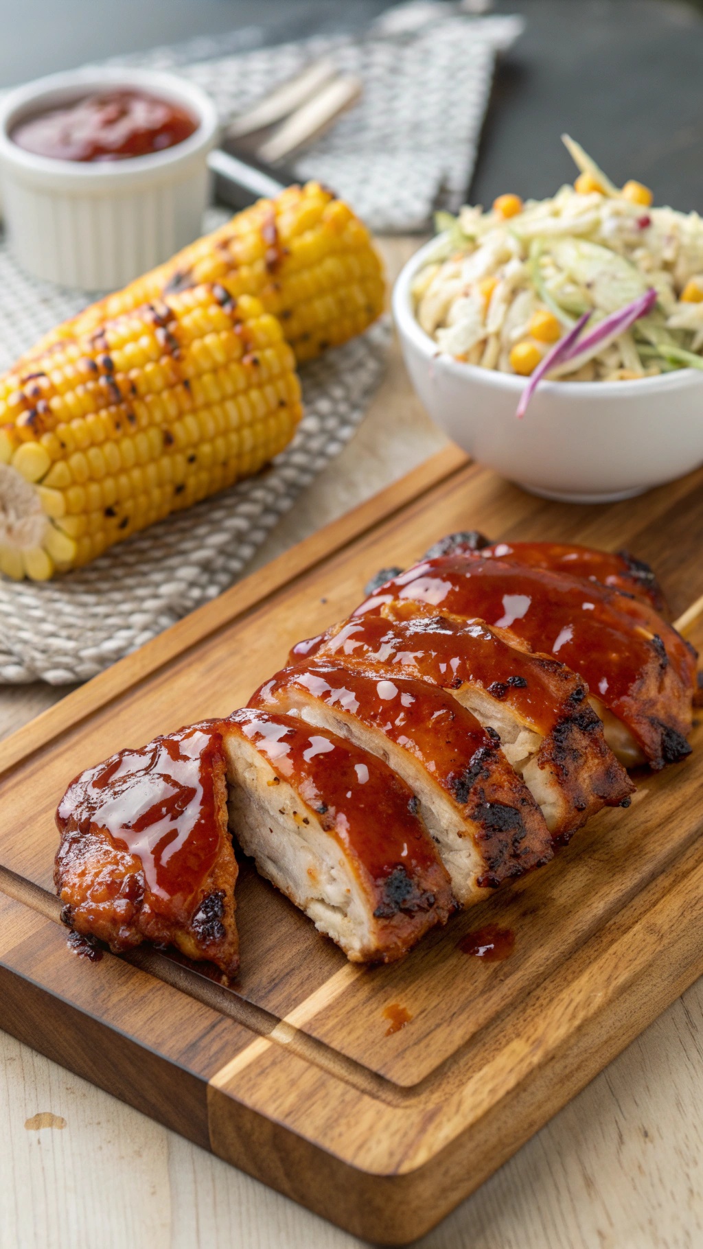 Tangy BBQ chicken breasts on a wooden cutting board with grilled corn and salad on the side.
