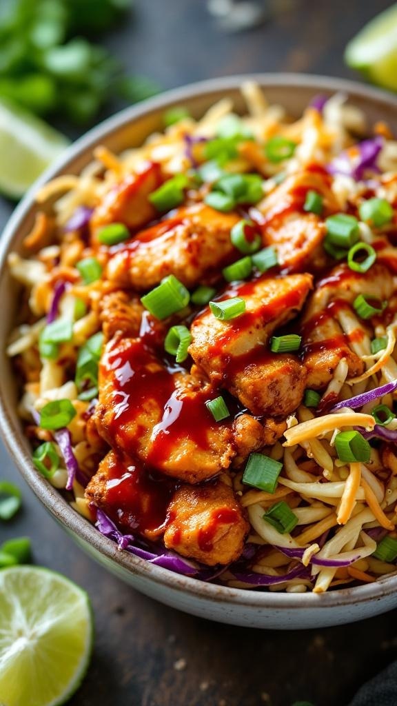 A colorful bowl of Tangy BBQ Chicken Slaw with shredded chicken, slaw mix, and BBQ sauce.
