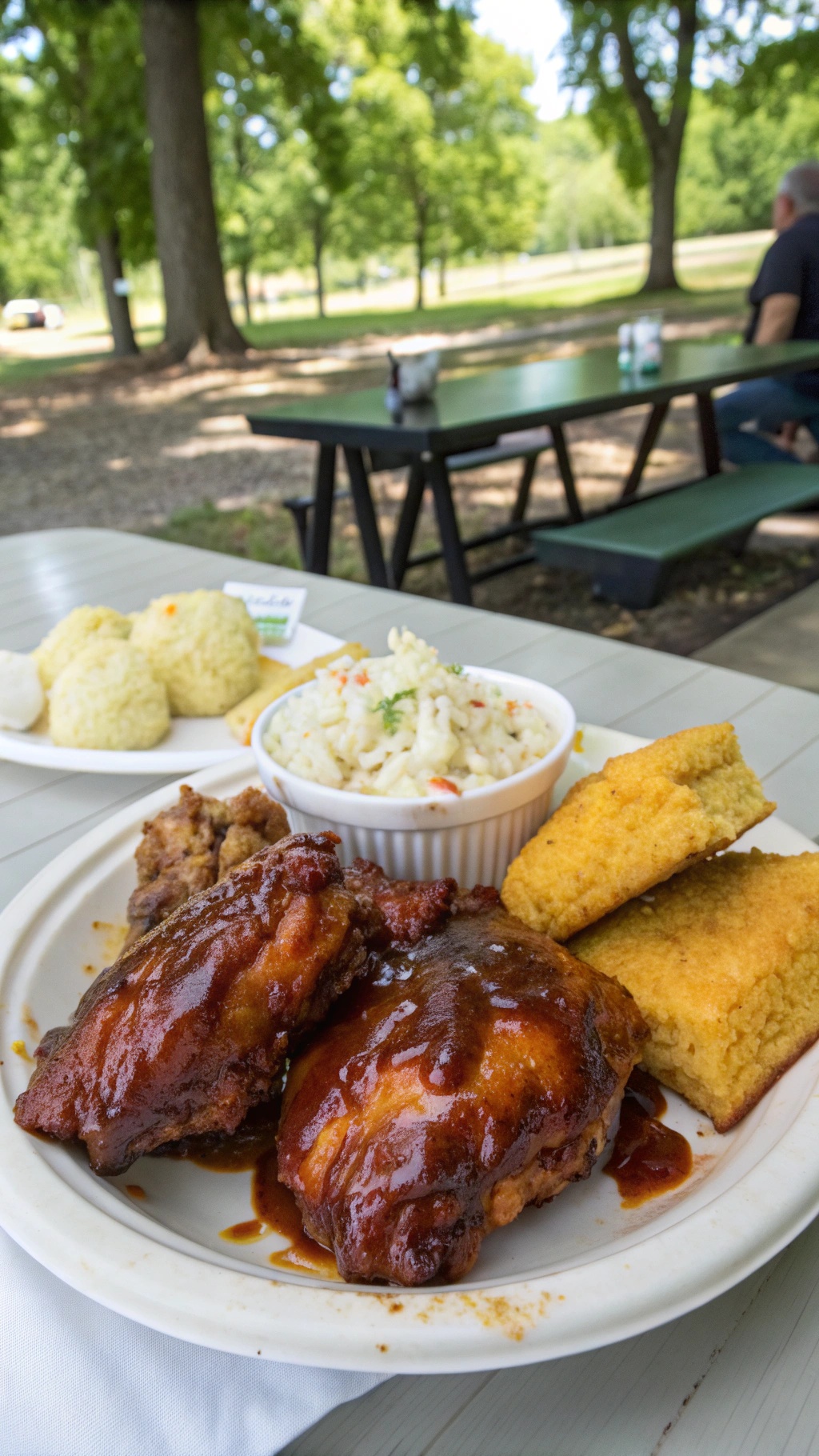 Tangy BBQ chicken thighs served with cornbread and coleslaw.