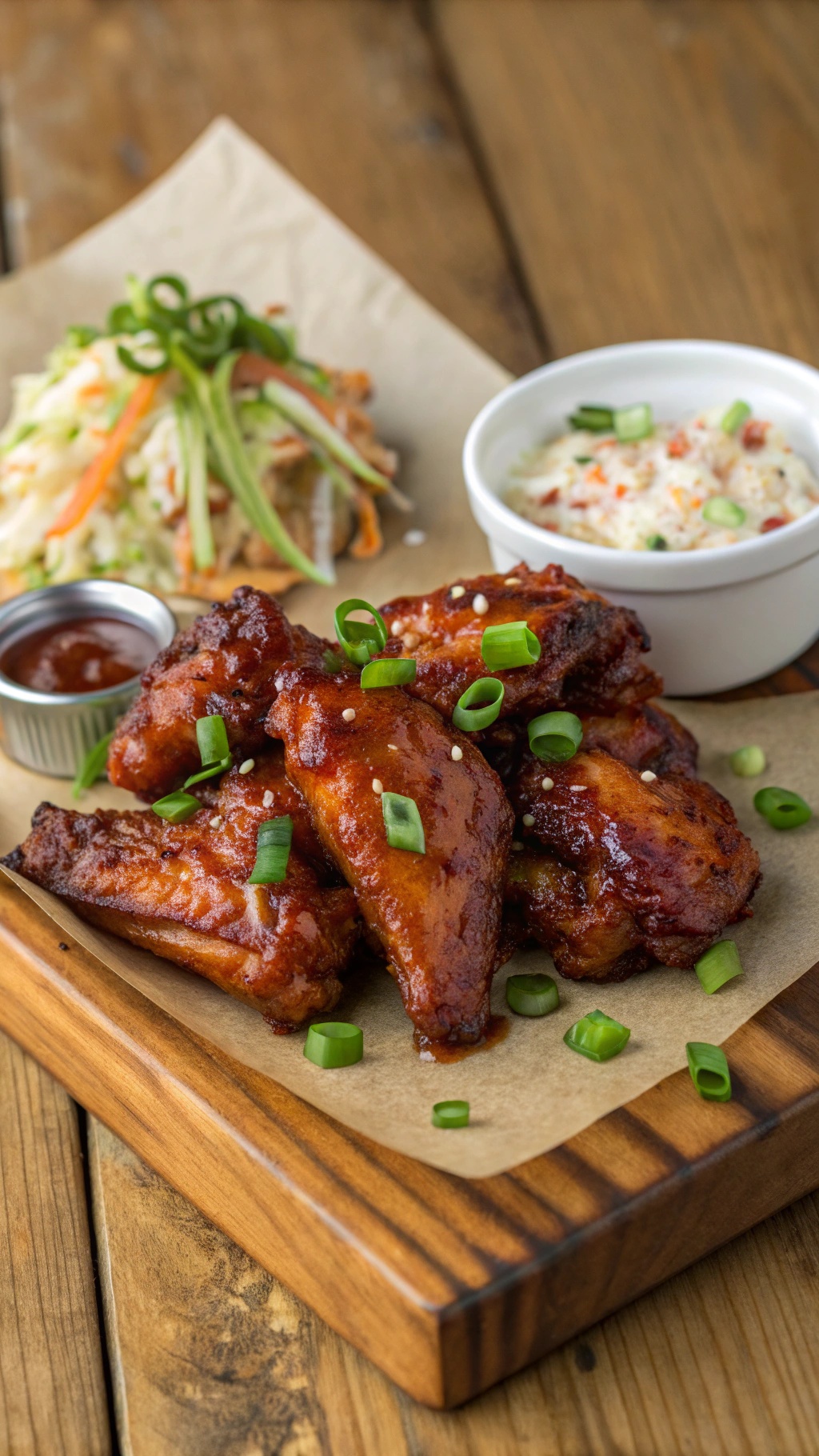 A plate of tangy BBQ chicken wings garnished with green onions, served with coleslaw and BBQ sauce.