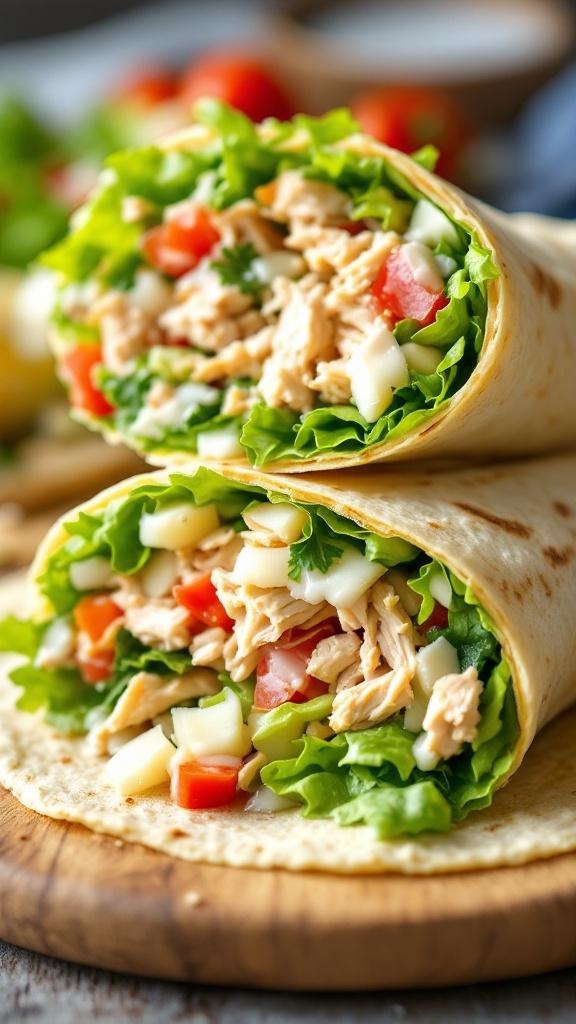 Tangy Chicken Caesar Salad Wraps filled with lettuce, chicken, and tomatoes