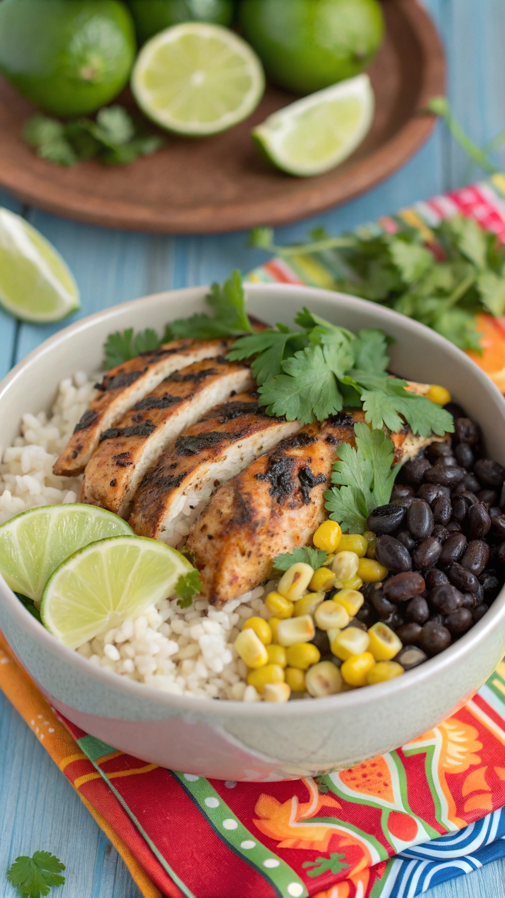 A colorful Tangy Cilantro Lime Chicken Bowl with grilled chicken, rice, black beans, corn, and lime wedges.