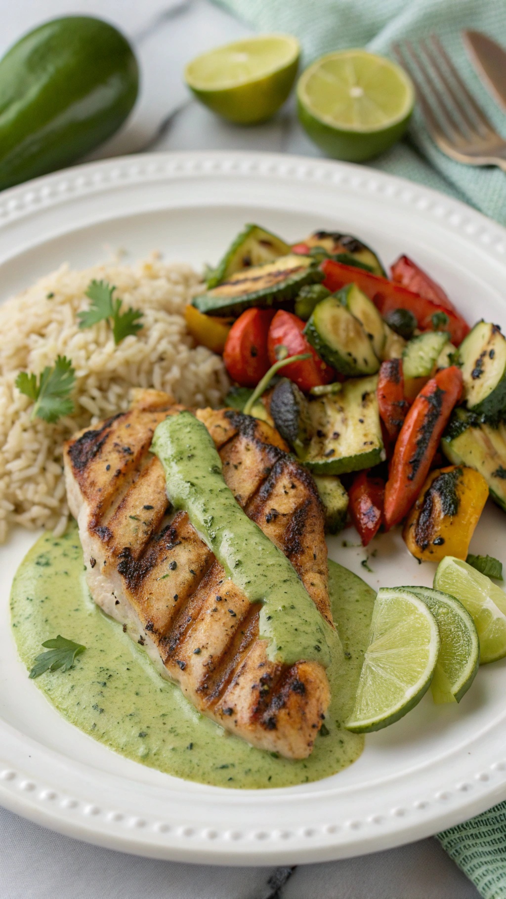 Tangy Cilantro Lime Grilled Chicken with rice and grilled vegetables