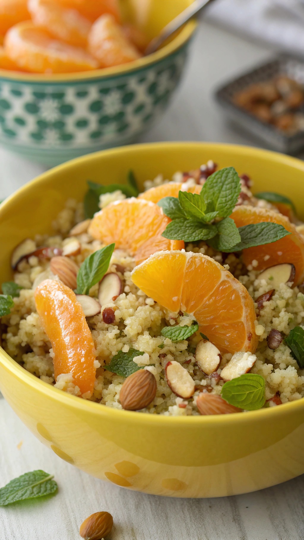 A colorful bowl of Tangy Citrus Quinoa Salad with orange slices, almonds, and mint.