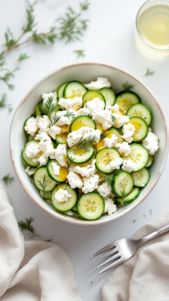 A bowl of tangy cottage cheese and cucumber salad with fresh herbs.