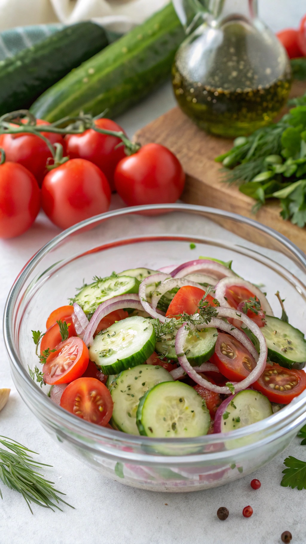 A bowl of cucumber and tomato salad with fresh herbs and sliced onions, surrounded by fresh vegetables.