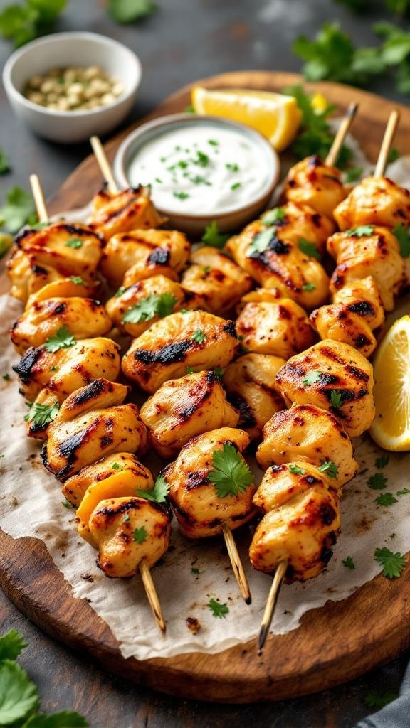 Grilled chicken skewers with herbs and lemon on a wooden platter