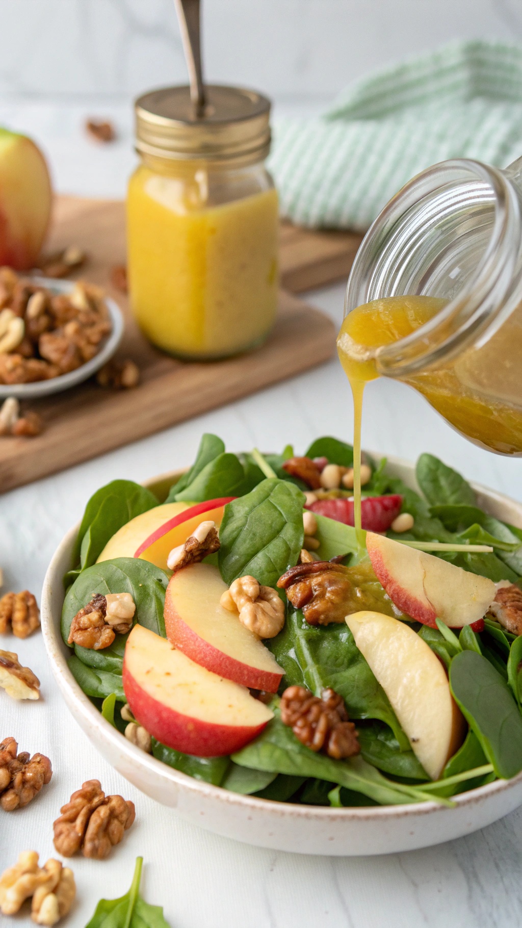 A bowl of salad with apple slices and walnuts, with honey mustard dressing being poured from a jar.