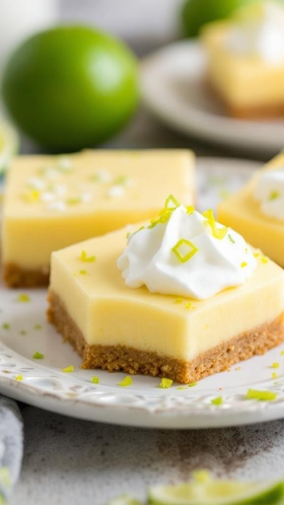 Tangy Key Lime Pie Bars with whipped cream and lime zest on a decorative plate