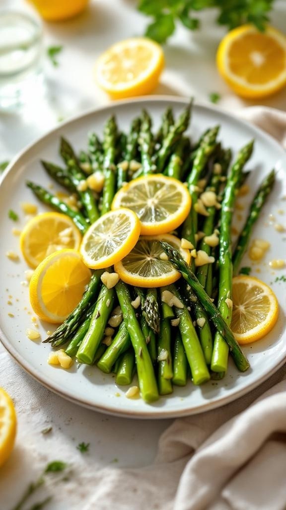 A plate of tangy lemon garlic asparagus garnished with lemon slices and pine nuts.