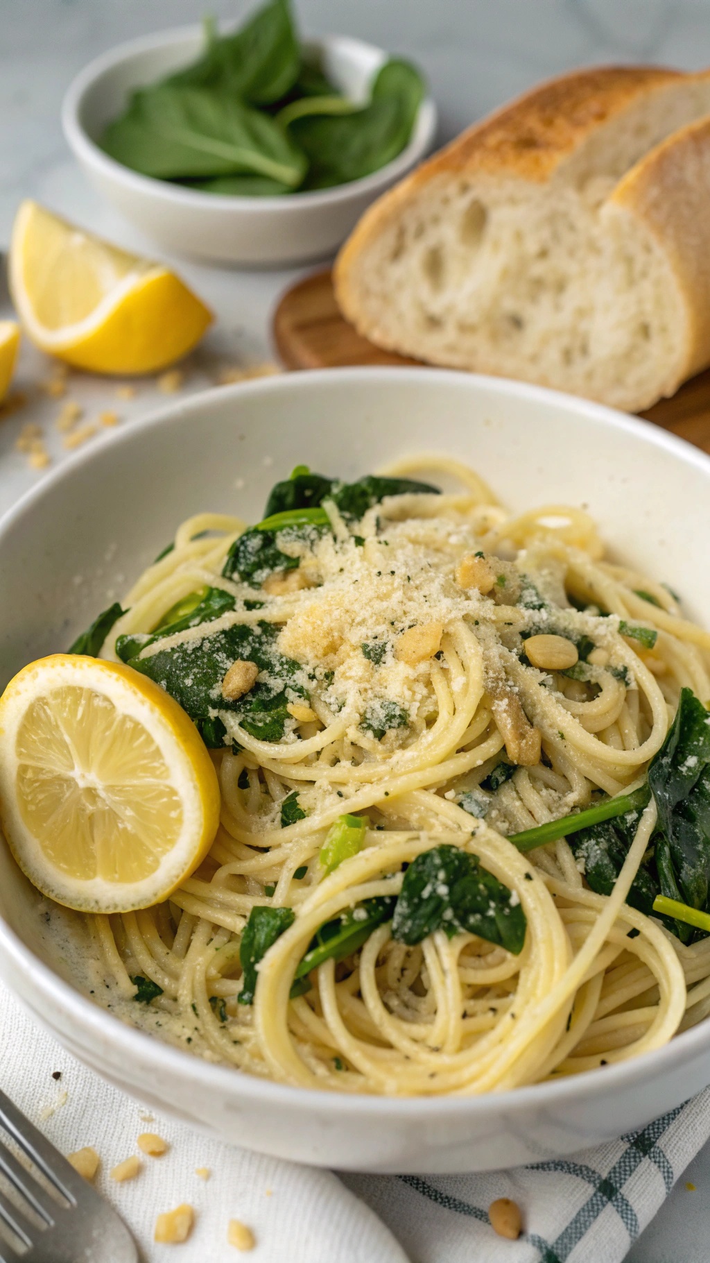 A bowl of Tangy Lemon Garlic Pasta with Spinach, garnished with lemon slices and pine nuts, served with a side of bread.